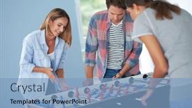  Presentation with students - Slide deck having group-of-students-playing-table background and a light blue colored foreground