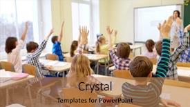  Presentation with elementary school - Colorful presentation theme enhanced with group of students raising hands backdrop and a coral colored foreground