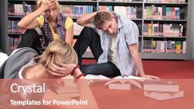  Presentation with researching from books or library - Cool new theme with group of students reviewing books backdrop and a coral colored foreground