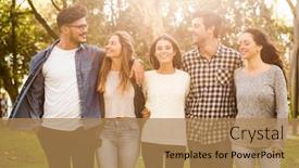  Presentation with walking together - Presentation theme enhanced with group of students walking together in the park background and a coral colored foreground