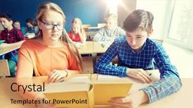  Presentation with learning - Slide deck having group of students with book background and a  colored foreground