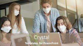  Presentation with masks - Beautiful presentation design featuring group-of-students-working-wearing backdrop and a coral colored foreground