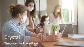  Presentation with masks - Presentation theme consisting of group-of-students-working-wearing background and a coral colored foreground