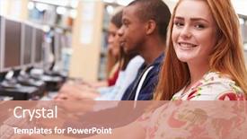  Presentation with computers - PPT theme consisting of group of students working at computers in library background and a coral colored foreground