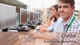  Presentation with computers - Presentation theme having contemporary red brick meeting room interior with equipment city view and daylight background and a gray colored foreground.