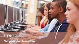  Presentation with computers - Colorful theme enhanced with people lifestyle and technology concept happy young cute female office worker works on report studies papers glad to be praised by boss finds out about promotion has proffesional growth backdrop and a gray colored foreground.