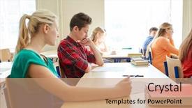  Presentation with learning - Amazing PPT theme having group of students writing school backdrop and a coral colored foreground