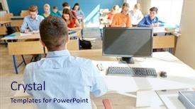  Presentation with high school students - Slide set consisting of group of students writing test background and a light blue colored foreground