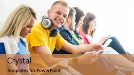  Presentation with focus group - Theme with group of students on a break reading books and using smartphones focus on a teenage boy background is blurry background and a gold colored foreground