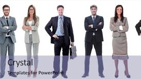  Presentation with five business people standing together and smiling - Theme enhanced with group of successful business people background and a  colored foreground