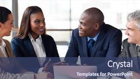  Presentation with business group meeting - Beautiful slide deck featuring group of successful business people backdrop and a ocean colored foreground