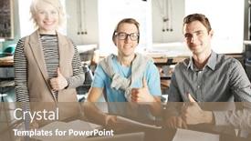  Presentation with professionals - PPT theme consisting of group of successful professionals showing thumbs up by workplace and looking at camera with smiles background and a coral colored foreground