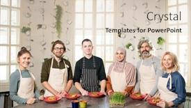  Presentation with round table - Amazing presentation design having group-of-successful-trainees backdrop and a lemonade colored foreground