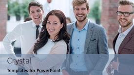  Presentation with employees - Colorful slides enhanced with group-of-successful-young-employees backdrop and a seafoam green colored foreground