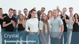  Presentation with leaders - Slide deck having group-of-successful-young-people background and a ocean colored foreground