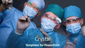  Presentation with theater - Audience pleasing PPT theme consisting of group of surgeons at work in operating theater toned in blue medical team performing operation backdrop and a ocean colored foreground