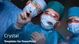  Presentation with team work - PPT theme having group-of-surgeons-at-work background and a ocean colored foreground