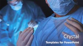  Presentation with team work - Presentation design with group-of-surgeons-at-work background and a teal colored foreground