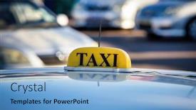  Presentation with bus - Beautiful presentation theme featuring group-of-taxis-waiting backdrop and a light blue colored foreground