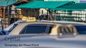  Presentation with bus - Presentation theme featuring group-of-taxis-waiting background and a ocean colored foreground