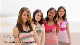  Presentation with teen girls - Presentation theme consisting of group of teen girls on beach background and a coral colored foreground