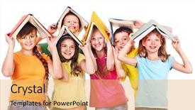  Presentation with child teen - Slide set having group of teen school child with book isolated background and a yellow colored foreground