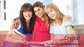  Presentation with steps - Slide deck featuring group of teenage female friends sitting on college steps outside background and a red colored foreground