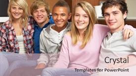  Presentation with teenage - Audience pleasing presentation theme consisting of group of teenage friends sitting backdrop and a lemonade colored foreground
