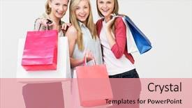  Presentation with teenage girl - Colorful PPT theme enhanced with group of teenage girl with shopping bags backdrop and a coral colored foreground