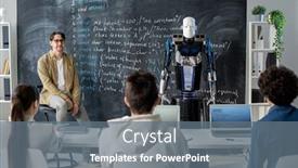  Presentation with robot - Amazing presentation design having group-of-teenage-students-looking backdrop and a gray colored foreground