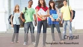  Presentation with college students - Amazing PPT theme having group of teenage students standing outside college building backdrop and a light gray colored foreground