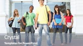  Presentation with college students - Slide set consisting of group of teenage students standing outside college building background and a gray colored foreground