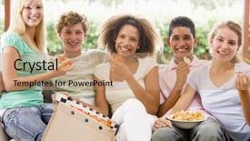 Presentation with teenagers - PPT theme having group of teenagers eating pizza background and a coral colored foreground