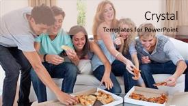  Presentation with teenagers - Beautiful presentation theme featuring group of teenagers eating pizza backdrop and a coral colored foreground