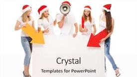 Presentation with teenagers - Audience pleasing slide set consisting of group of teenagers in christmas hats pointing on a blank banner and using a megaphone backdrop and a sky blue colored foreground