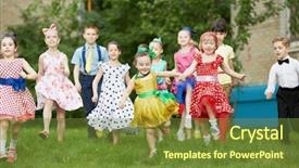  Presentation with dance children - Cool new slides with group of ten children dressed in dance suits runs across grassy lawn backdrop and a tawny brown colored foreground