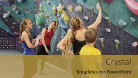  Presentation with youthful - Beautiful PPT theme featuring group of three active women and youthful boy having break after climbing practice while standing by sports equipment backdrop and a gold colored foreground