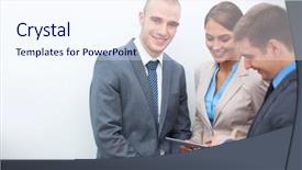  Presentation with planning - Colorful presentation theme enhanced with group of three business partners planning work one of them looking at camera backdrop and a sky blue colored foreground