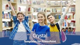  Presentation with focus group - Slide set with group of three happy students smiling cheerfully and raising hands in library of modern college focus on pretty blond girl holding books and looking at camera background and a ocean colored foreground