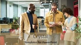  Presentation with intercultural - Presentation design featuring group-of-three-intercultural-colleagues background and a coral colored foreground