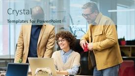  Presentation with new business ideas - PPT layouts with group-of-three-intercultural-employees background and a light blue colored foreground