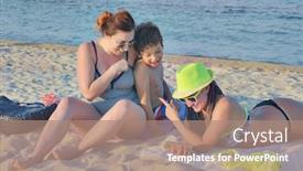  Presentation with females - Theme featuring group of three - two females and a kid are making selfie on a quiet beach background and a coral colored foreground