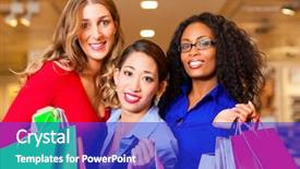  Presentation with black women - Audience pleasing presentation theme consisting of group of three women - white black and asian - shopping downtown in a mall with christmas decoration backdrop and a royal blue colored foreground
