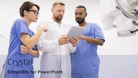  Presentation with medical equipment - Slide deck enhanced with group of three young clinicians in uniform consulting about peculiarities of new medical equipment while using tablet background and a teal colored foreground