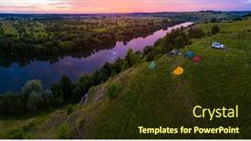  Presentation with pink river - Cool new PPT theme with group-of-tourists-camping backdrop and a tawny brown colored foreground
