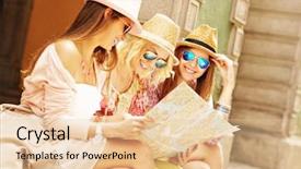  Presentation with city map - Amazing slide deck having group of tourists using map backdrop and a  colored foreground