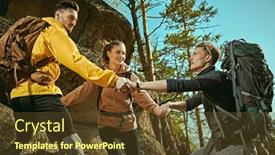 Presentation with mountain help - Presentation having group-of-tourists-with-backpacks background and a tawny brown colored foreground