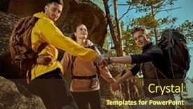  Presentation with mountain help - PPT theme enhanced with group-of-tourists-with-backpacks background and a tawny brown colored foreground