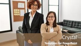  Presentation with down syndrome - Presentation theme enhanced with group-of-two-women-working background and a coral colored foreground
