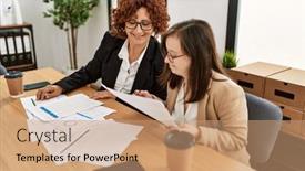  Presentation with down syndrome - PPT layouts having group-of-two-women-working background and a coral colored foreground